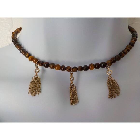 Etikka Choker Necklace Tiger Eye Round Stone with 3 Crystals accents Length 16" - Picture 2 of 12